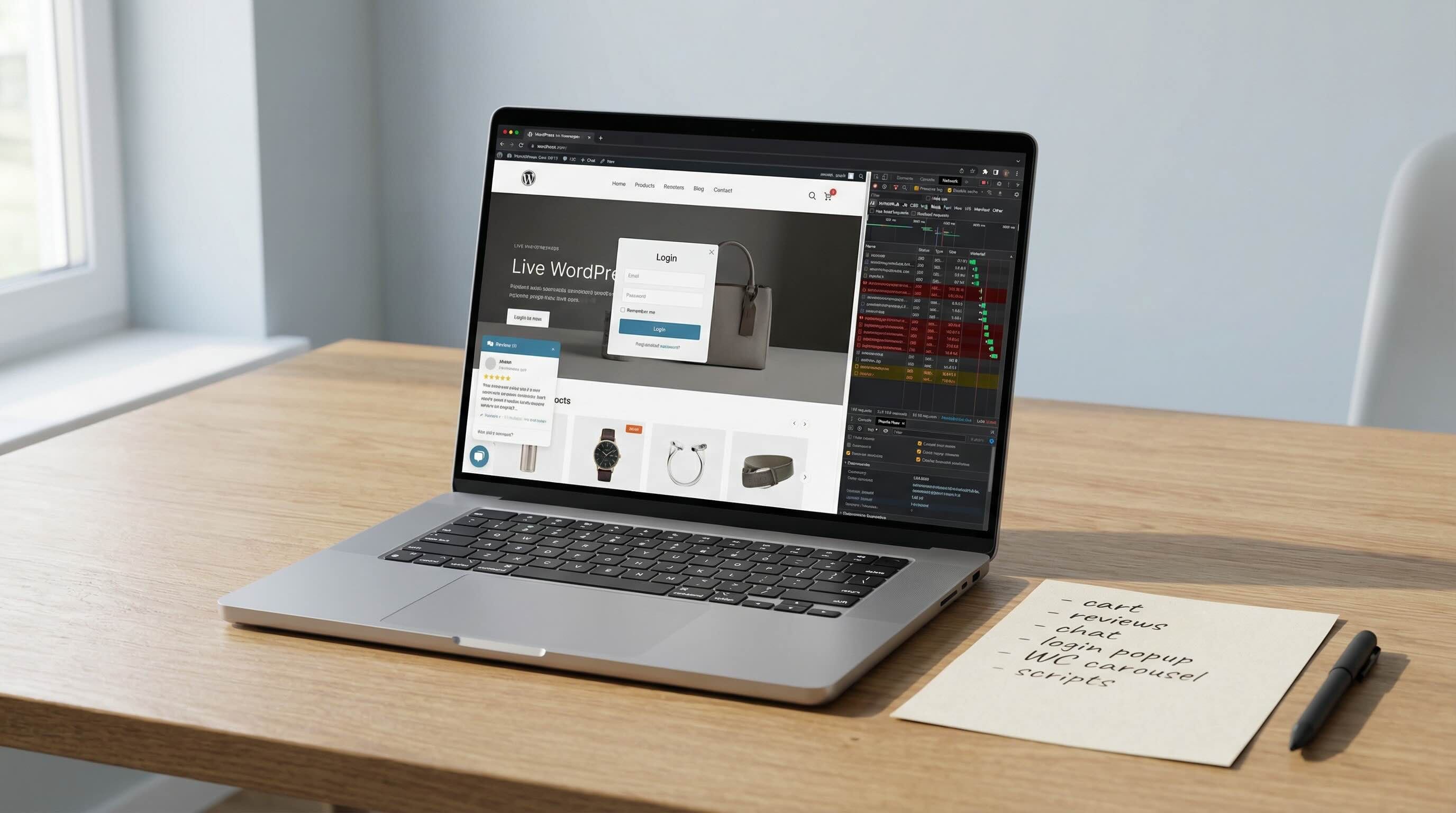 WordPress homepage performance review showing a clean marketing page separated from dynamic cart, account, and script-heavy elements