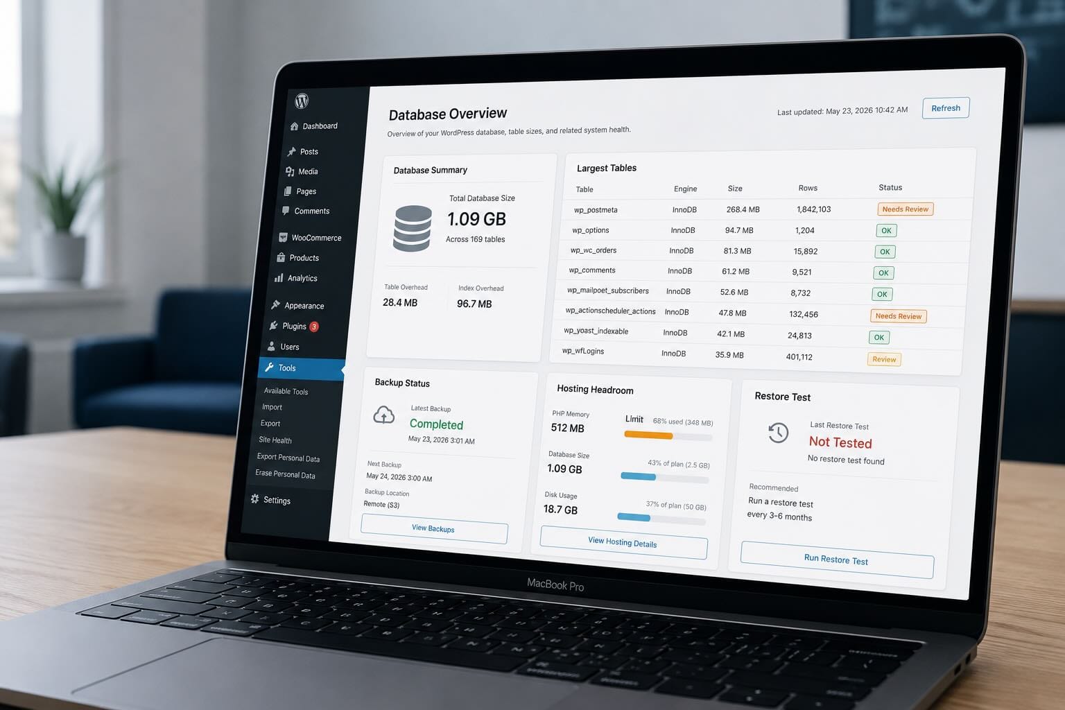 WordPress database and backup review on a laptop showing hosting, database size, and recovery planning notes on a calm office desk